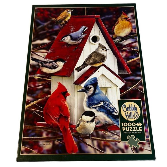 Cobble Hill 1000 Piece Puzzle Winter Birdhouse     & Poster Cardinal‎ Colorful - Picture 1 of 6